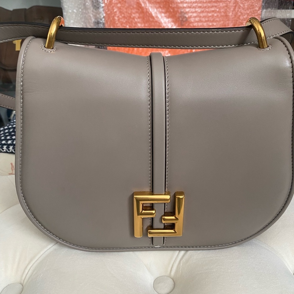 FENDI C’mon Leather Handbag Taupe Dove Gray Full Grain Leather Crossbody